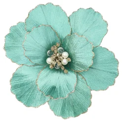 Christmas Forever MAGNOLIA HEAD GREEN AQUA 9″ VELVET CH GLITTER EDGE & CLIP