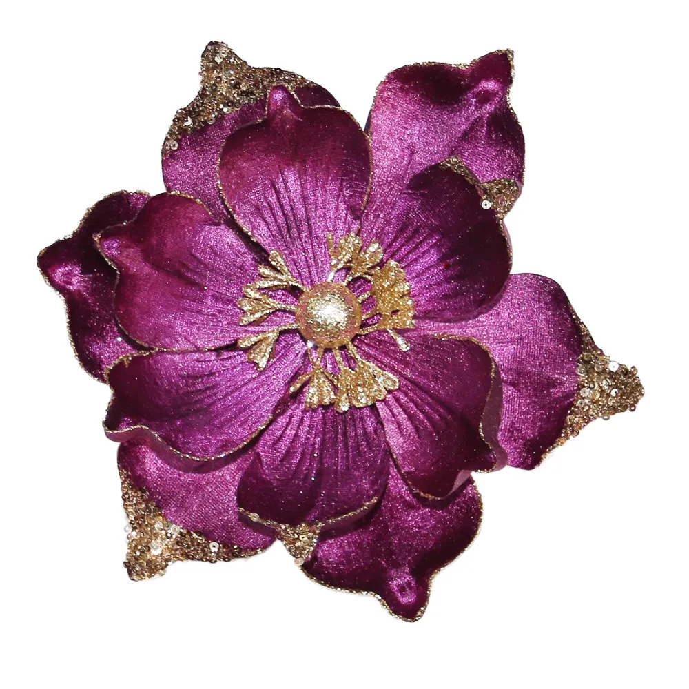 Christmas Forever MAGNOLIA HEAD PURPLE 9″ VELVET W/ CHAMPAGNE GLITR. & CLIP