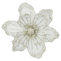 Christmas Forever MAGNOLIA HEAD SILVER/PT 8.5″ GLITTER METALLIC W/ CLIP