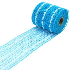 New Christmas Forever MESH RIBBON 4″ X 20 YDS BLUE (ICE) W/ COTTON STIPES