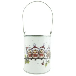 Clearance Christmas Forever METAL CAN 4.5″ WHITE W/BIRDS WITH SNOWMAN HAT ON BRANCH PICTURE