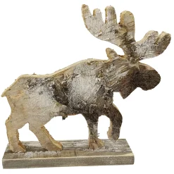 Clearance Christmas Forever MOOSE WOODEN TABLE DECOR 9.5″x9″ FROSTED NATURAL/BIRCH LOOK