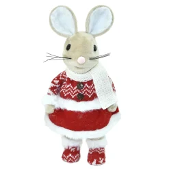 Hot Christmas Forever MOUSE BEIGE 10″STANDING GIRL W/ RED NORDIC PRINT DRESS & BOOTS