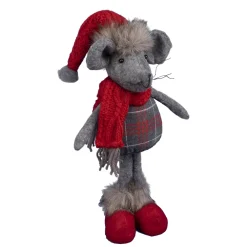 Hot Christmas Forever MOUSE PLUSH STANDING 11″ GRAY FELT W/ PLAID SHIRT & RED KNITTED SCARF & HAT