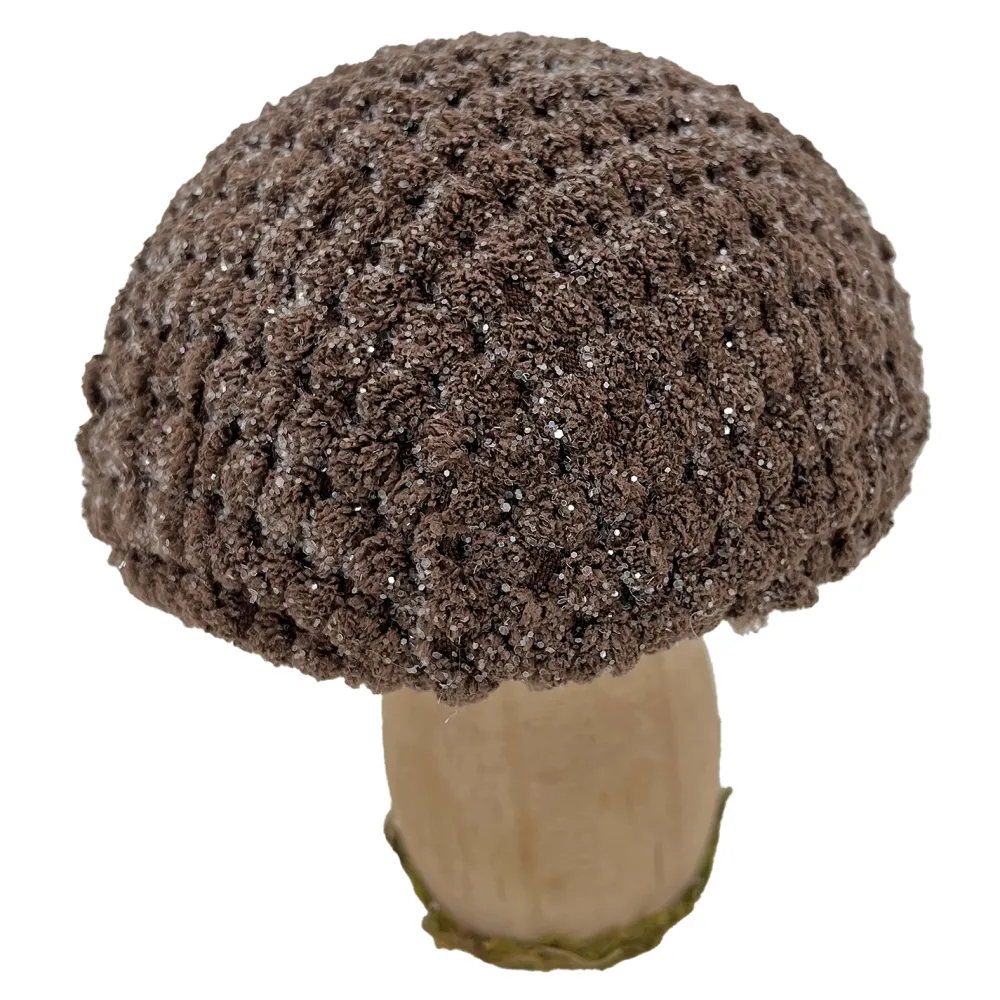 Christmas Forever MUSHROOM WOODEN BODY|FABRIC CAP BROWN/NATURAL 4″ GLITTER/FROSTED