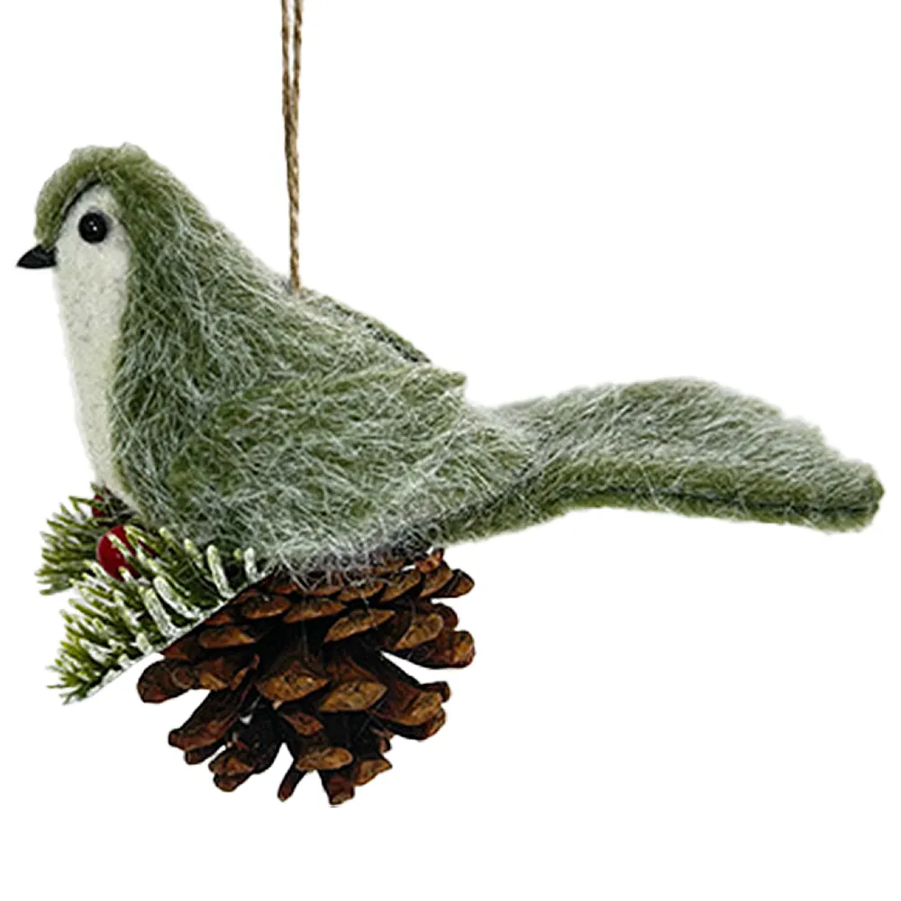 Hot Christmas Forever ORN BIRD FAUX FUR GREEN 6″ W/ PINECONE