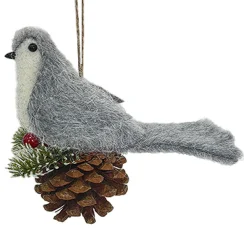 New Christmas Forever ORN BIRD FAUX FUR GREY 6″ W/ PINECONE