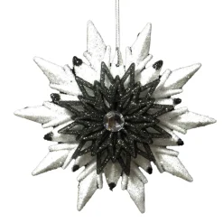 Christmas Forever ORN BLACK/WHITE SUN STAR 4.25″ W/ JEWEL & 2 TONE GLTR.