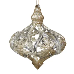 Clearance Christmas Forever ORN CLEAR GOLD ONION DROP 3.75″ W/ SNOWFLAKE & GOLD GLTR.