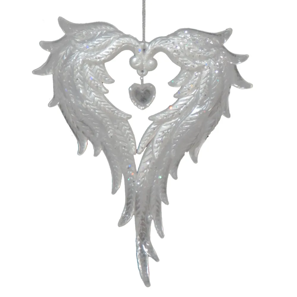 New Christmas Forever ORN CLEAR PEARL HOLLOW ANGEL WINGS 6.25″ W/ ICE WHITE GLITTER