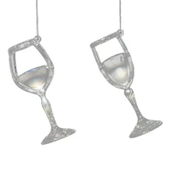 Best Christmas Forever ORN CLEAR PEARL WINE GLASS 4.5″ W/ ICE WHITE GLITTER, 2 ASSTD.