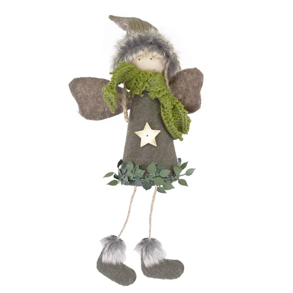 Sale Christmas Forever ORN FABRIC ANGEL 7″ BROWN W/ FAUX FUR HAT & GREEN SCARF