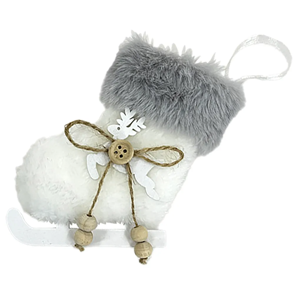 Best Christmas Forever ORN FABRIC BOOT FAUX FUR WHITE 4″ W/ REINDEER