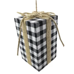 Christmas Forever ORN FABRIC GIFT BOX 8″ BLACK/ WHITE PLAID W/ROPE BOW