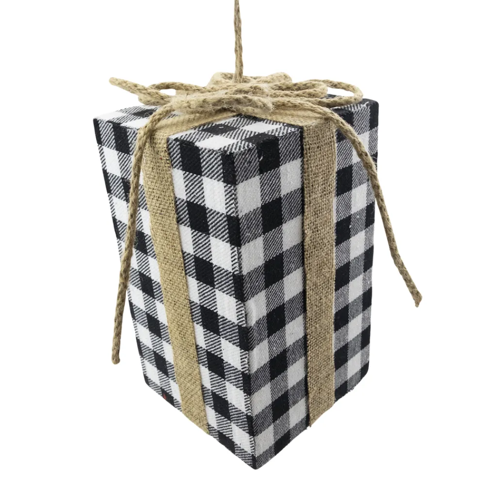 Christmas Forever ORN FABRIC GIFT BOX 8″ BLACK/ WHITE PLAID W/ROPE BOW