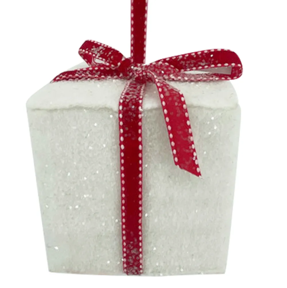 Clearance Christmas Forever ORN FABRIC GIFT BOX 3.5″x3.5″ RED/WHITE FROSTED/GLITTER