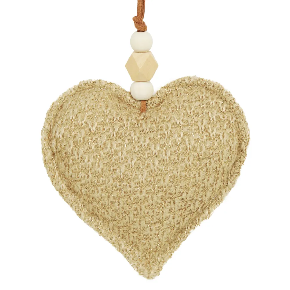 Best Christmas Forever ORN FABRIC HEART4.5″ BROWN/NATURAL W/ BEADS
