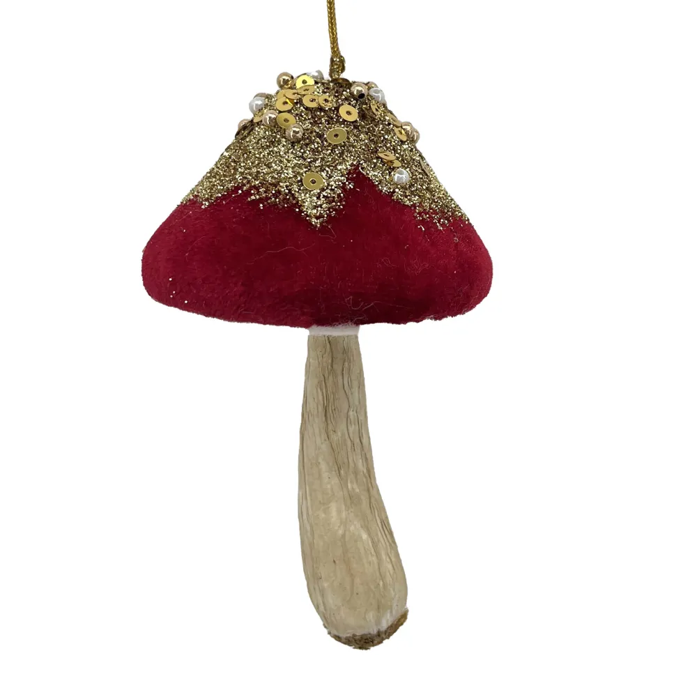 Hot Christmas Forever ORN FABRIC MUSHROOM VELVET CAP RED 5.5″ W/ GLITTER, SEQUINS & BEADS