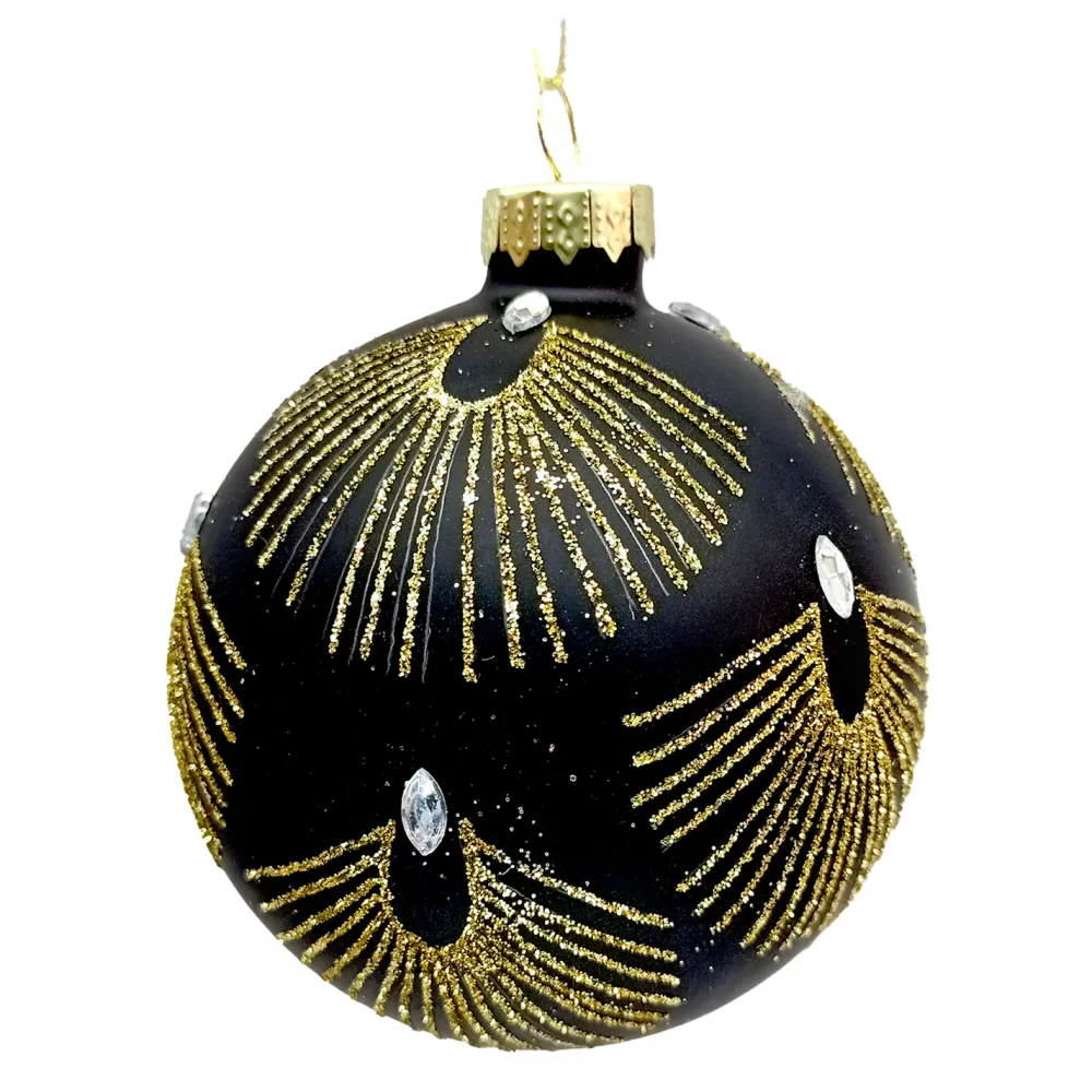 Outlet Christmas Forever ORN GLASS BALL 3″ BLACK MATTE W/ FEATHER PATTERN GLITTER & JEWELS