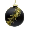 Hot Christmas Forever ORN GLASS BALL 4″ BLACK MATT LEAFW/ GOLD GLITTER