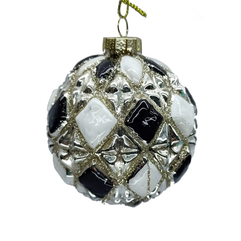 Clearance Christmas Forever ORN GLASS BALL 3″ BLACK/ WHITE W/CHAMP. DIAMONG GLITTER