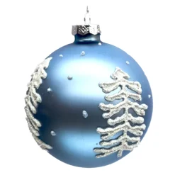 Best Christmas Forever ORN GLASS BALL 4″ BLUE ICE WITH WHITE TREE
