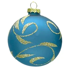 Outlet Christmas Forever ORN GLASS BALL 3″ BLUE MATT LEAF W/ SILVER GLITTER