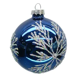 Online Christmas Forever ORN GLASS BALL 3″ BLUE SHINY SNOWFLAKE W/ WHITE GLITTER