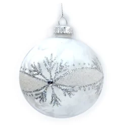 Hot Christmas Forever ORN GLASS BALL 3″ CLEAR- FROSTED W/ SILVER GLTR. SNOWFLAKE