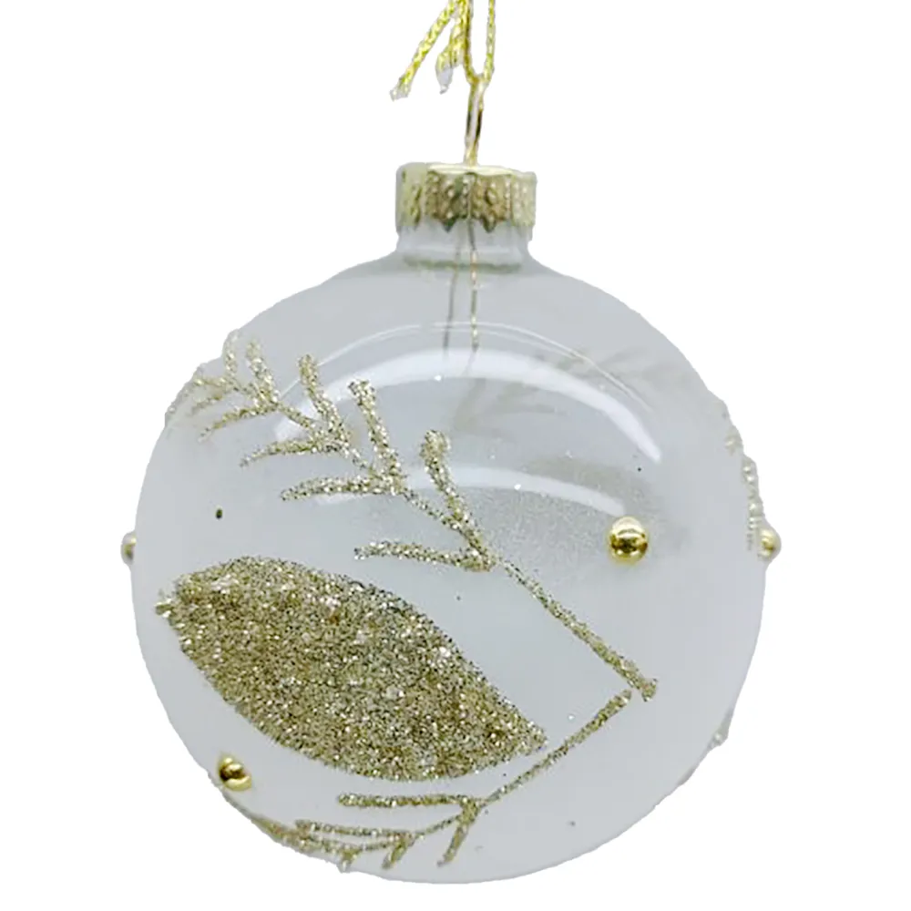 Online Christmas Forever ORN GLASS BALL 3″ CLEAR/FROST LEAF W/ CHAMPAGNE GLITTER