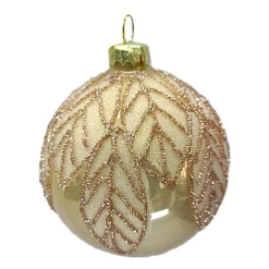 Online Christmas Forever ORN GLASS BALL 3″ GOLD SHINY W/ BEADED LEAF