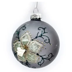 Online Christmas Forever ORN GLASS BALL 3″ GRAY- PEWTER FLORAL EMBROIDERY , SEQUINS & BEADS