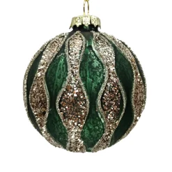 Hot Christmas Forever ORN GLASS BALL 3″ GREEN- DARK W/CHAMPANE WAVE STRIPES