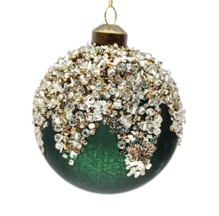 New Christmas Forever ORN GLASS BALL 4″ GREEN- DARK W/ GOLD BEADS ON TOP