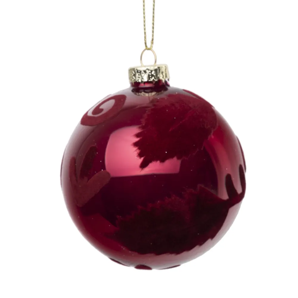 New Christmas Forever ORN GLASS BALL 3″ RED-BURGUNDY SHINY W/ FLOCKED SWIRL PATTERN