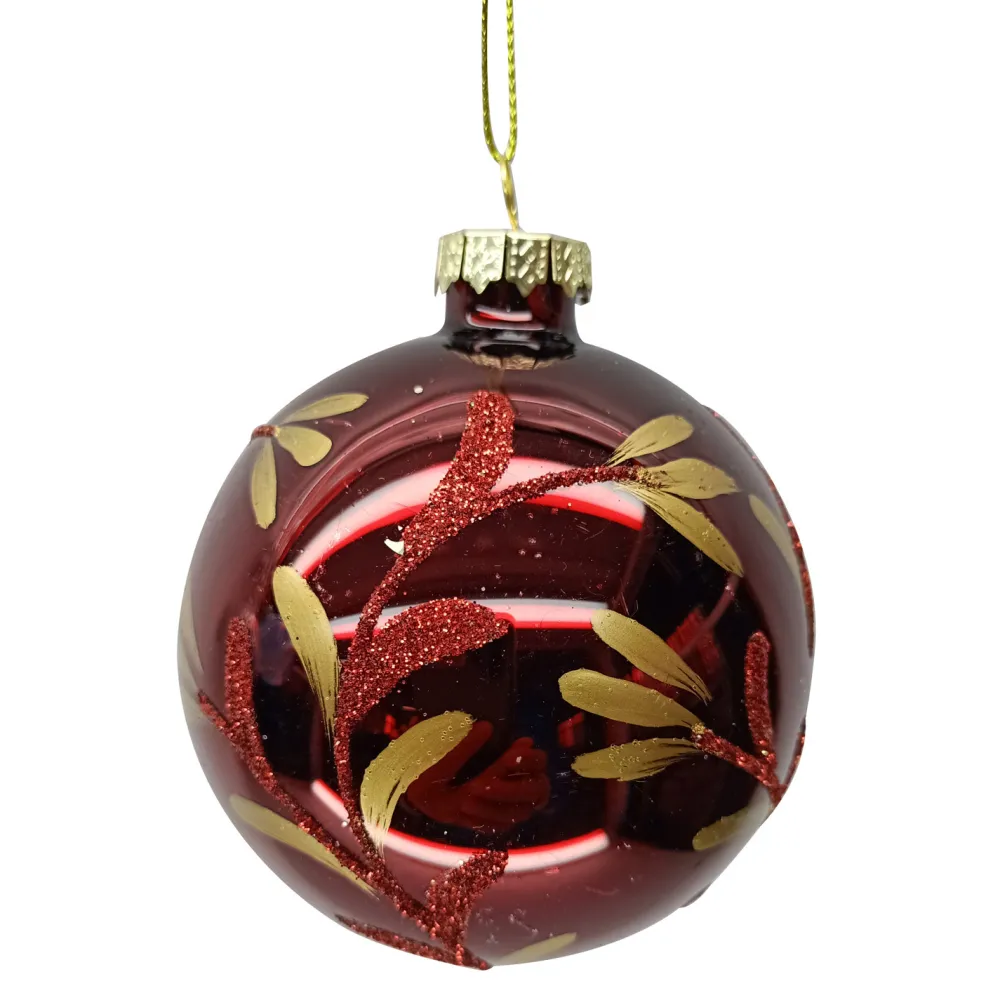 New Christmas Forever ORN GLASS BALL 3″ RED-BURGUNDY SHINY W/GOLD LEAVES