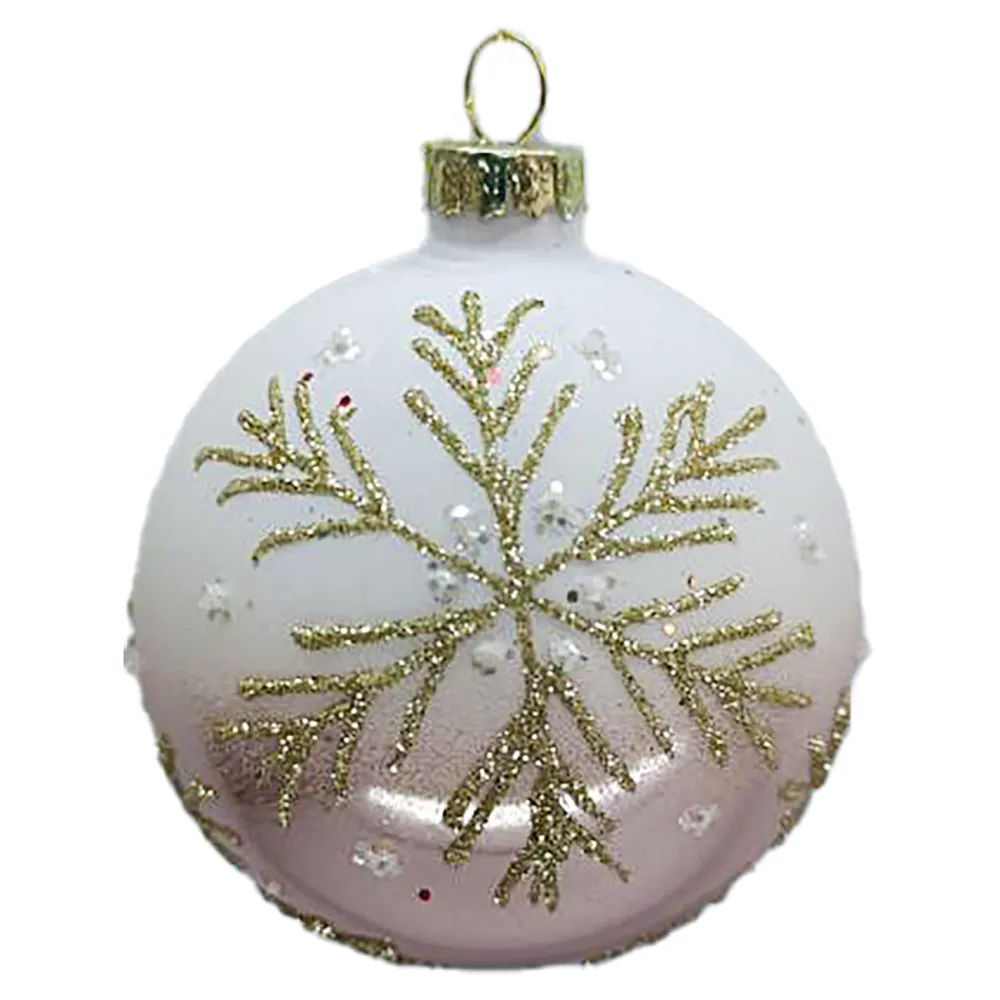 Hot Christmas Forever ORN GLASS BALL 3″ ROSE GOLD SHINY/WHITE W/ GOLD SNOWFLAKE
