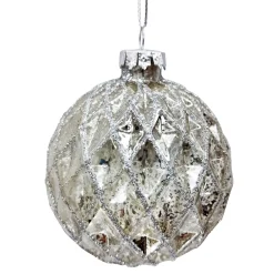 New Christmas Forever ORN GLASS BALL 3″ SILVER ANTIQUE DIAMOND PATTERN