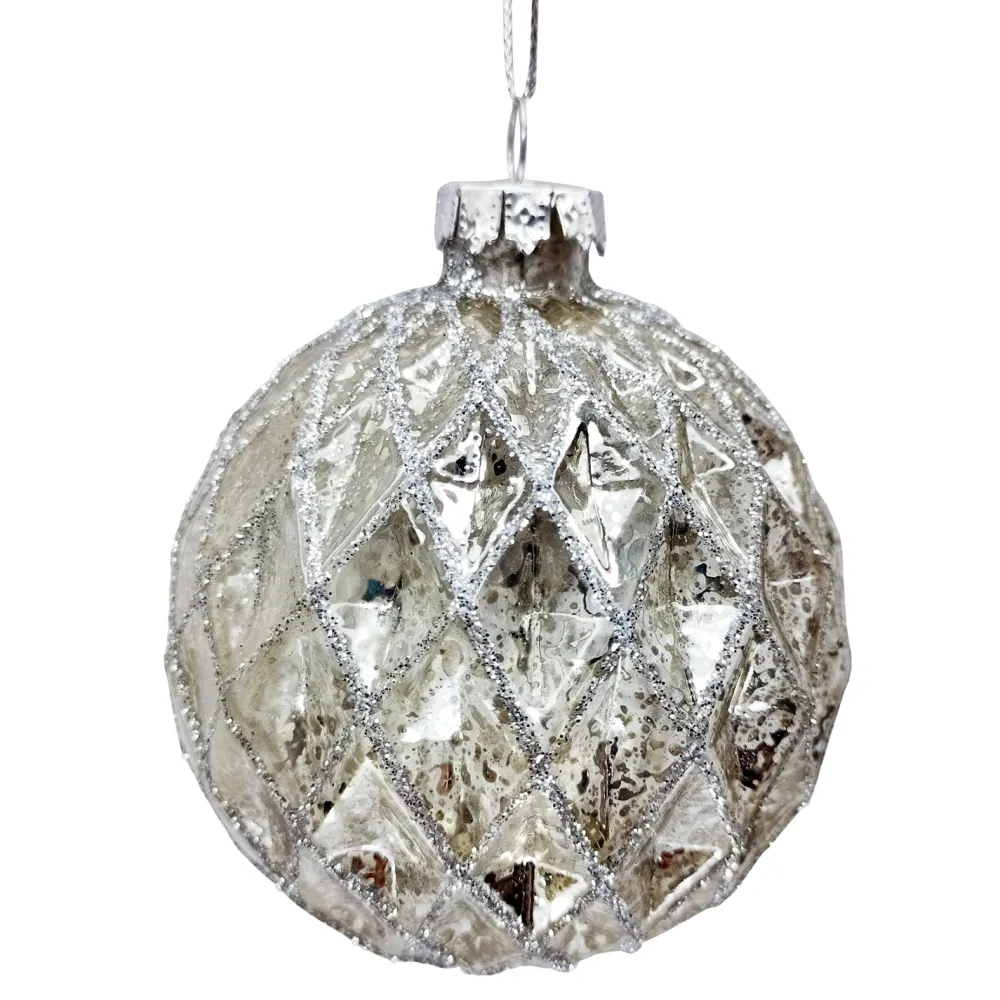 New Christmas Forever ORN GLASS BALL 3″ SILVER ANTIQUE DIAMOND PATTERN