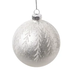 Best Christmas Forever ORN GLASS BALL 3″ SILVER FROST W/ PARTIAL WHITE GLTR LEAVES