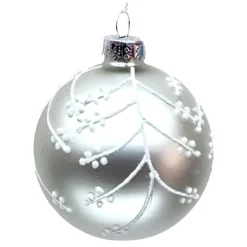 Clearance Christmas Forever ORN GLASS BALL 3″ SILVER MATTE W/ WHITE GLITTER & BERRIES