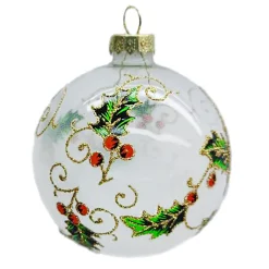 Clearance Christmas Forever ORN GLASS BALL 3″ WHITE FROST W/ HOLY DESIGN