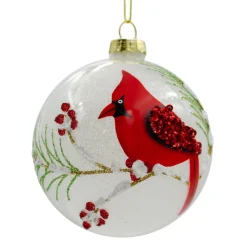 New Christmas Forever ORN GLASS BALL 3″ WHITE FROST W/ RED CARDINAL