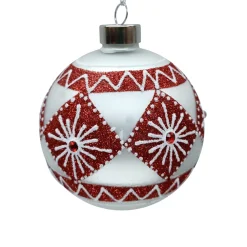 Clearance Christmas Forever ORN GLASS BALL 3″ WHITE- MATTE W /RED DIAMOND SNOWFLAKE