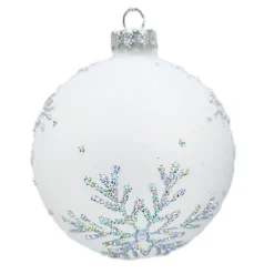 New Christmas Forever ORN GLASS BALL 3″ WHITE MATT SNOWFLAKE W/ SILVER GLITTER