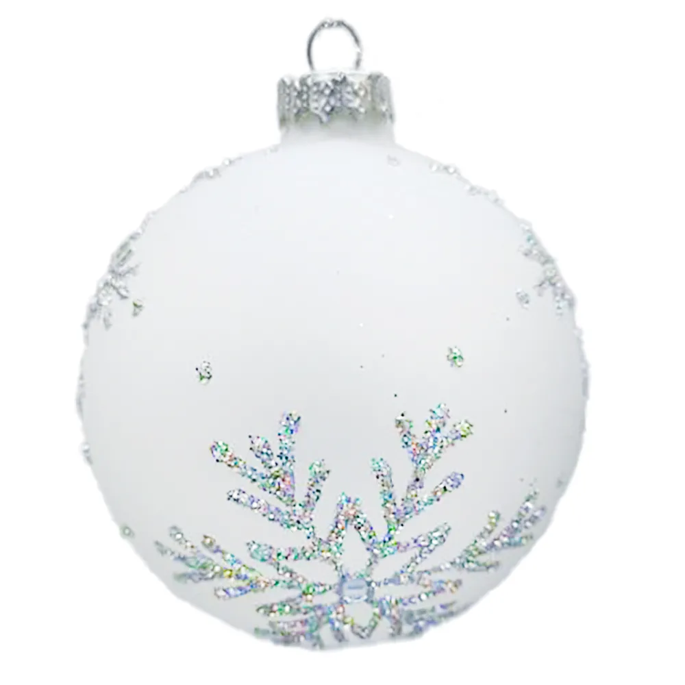 New Christmas Forever ORN GLASS BALL 3″ WHITE MATT SNOWFLAKE W/ SILVER GLITTER