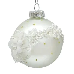New Christmas Forever ORN GLASS BALL 3″ WHITE MATT W/ LACE FLORAL