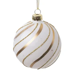 Clearance Christmas Forever ORN GLASS BALL 3″ WHITE SHINY W/ GOLD MATT & SHIMMER SWIRLS