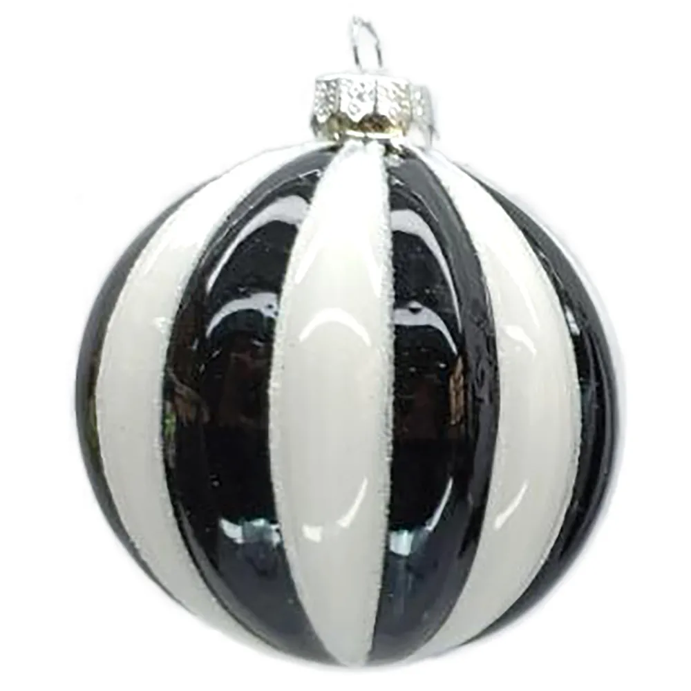 Clearance Christmas Forever ORN GLASS BALL 3″ WHITE/BLACK MELON W/ WHITE GLITTER