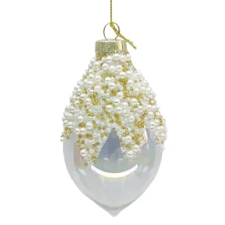 Christmas Forever ORN GLASS FINIAL 5.5 CLEAR W/ PEARL & GOLD BEADS